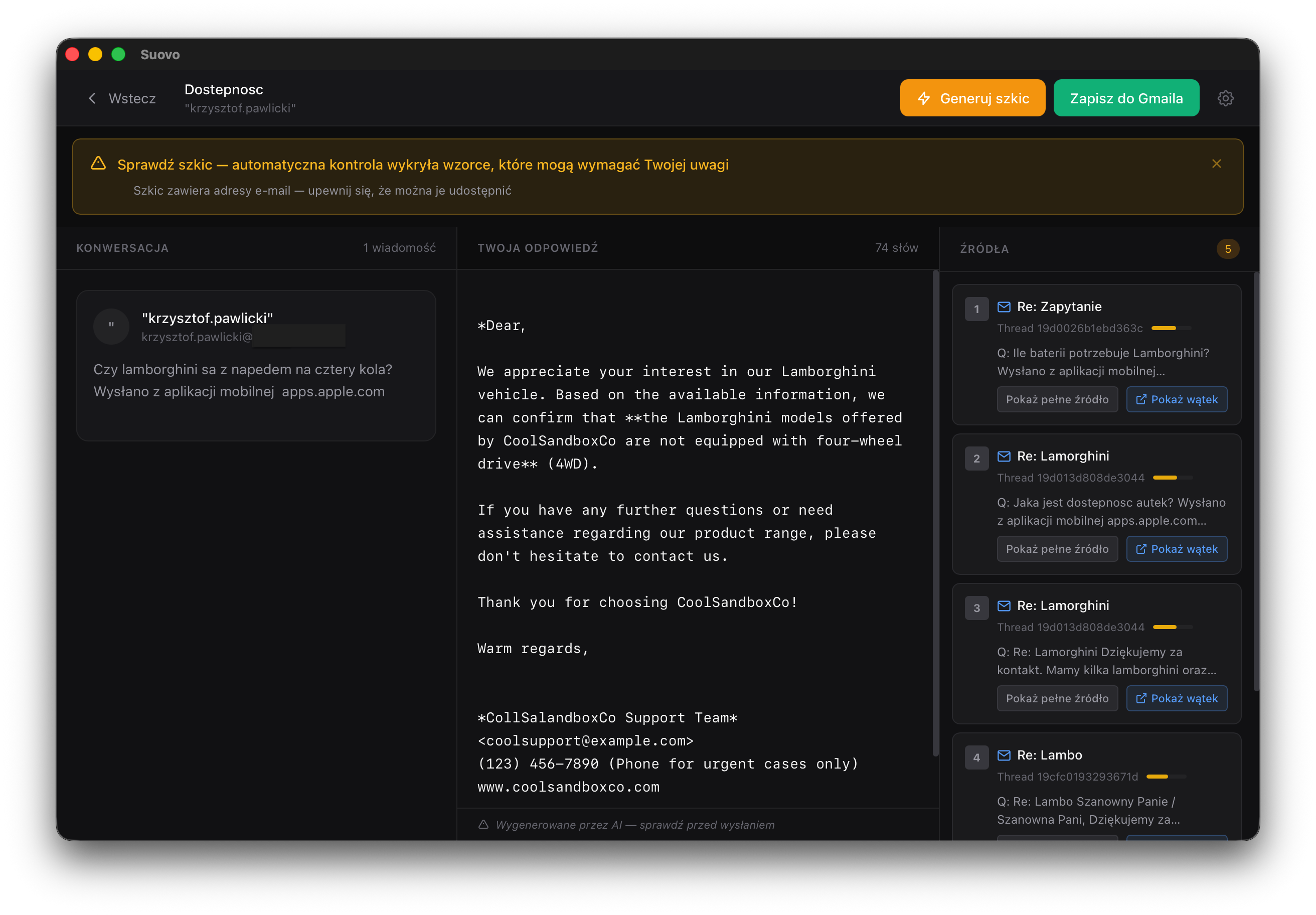 Suovo — generowanie odpowiedzi AI z weryfikacją bezpieczeństwa