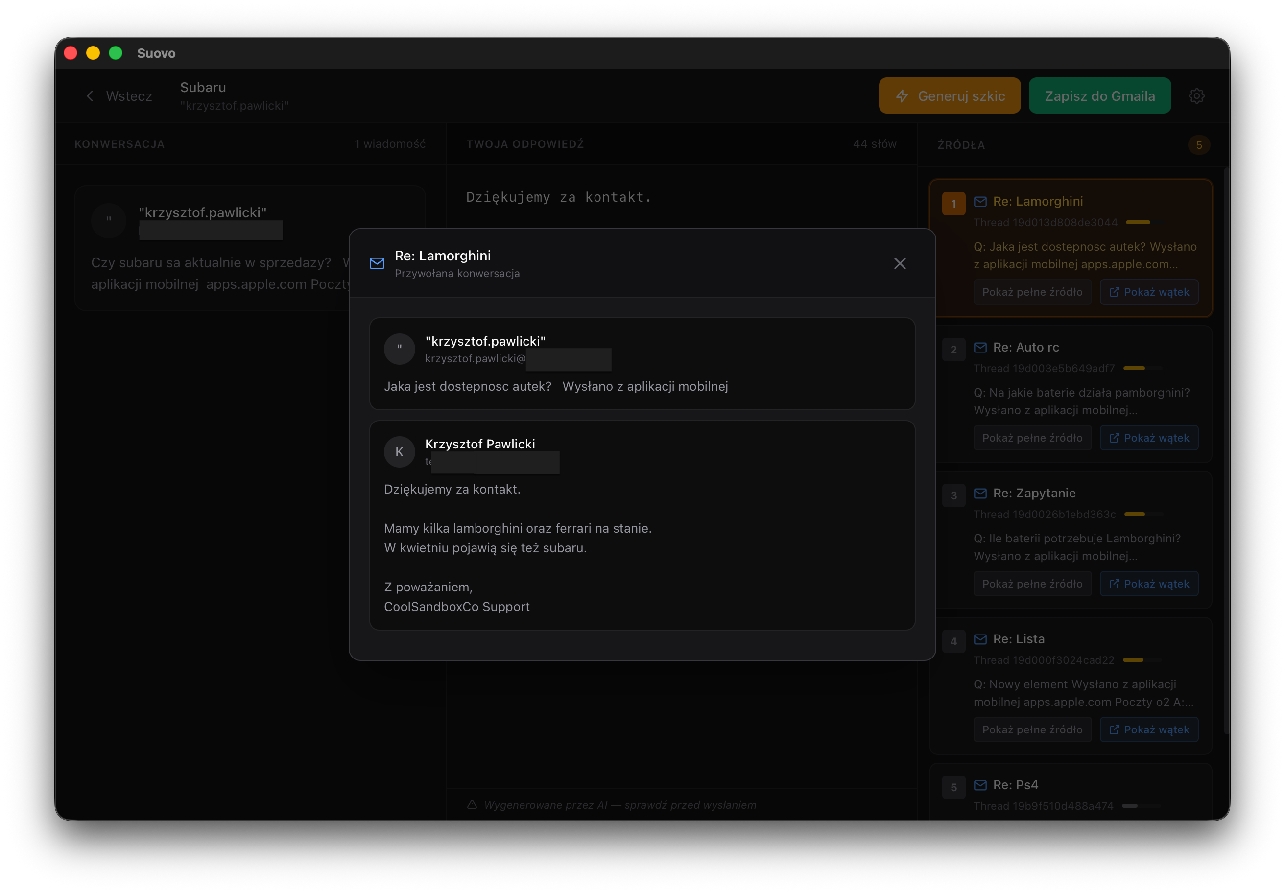 Suovo — wątek rozmowy z klientem